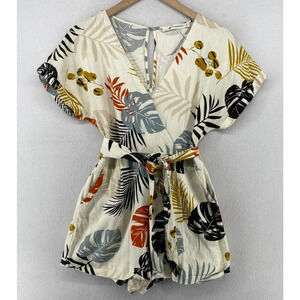 THE IMPECCABLE PIG Romper S Linen Rayon Tropical Faux Wrap Dolman Belted Ivory